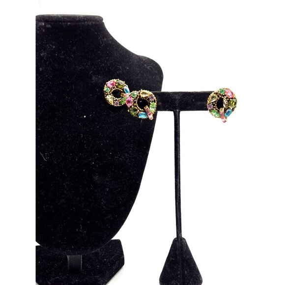 Rare Hollycraft Signed Brooch Pin and Clip Earrings Set Multi Color Rhinestones - Picture 5 of 7